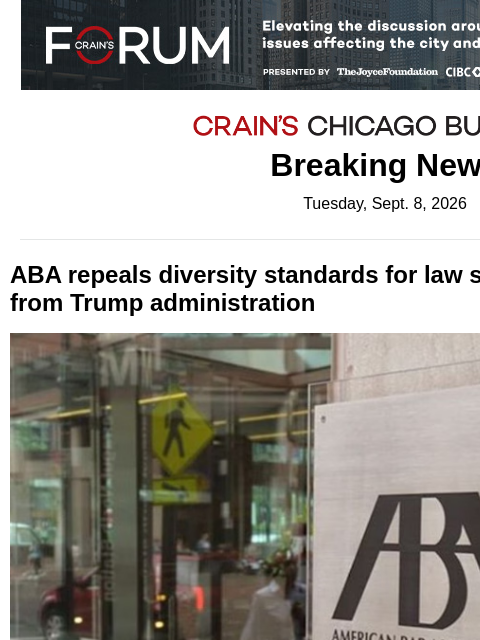 crainalerts newsletter: ABA repeals law school diversity standards