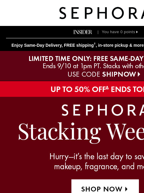sephora newsletter: ⚠️ It’s your LAST CHANCE to get 50% off select bea...