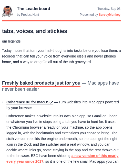 producthunt newsletter: Turn any site into a Mac app