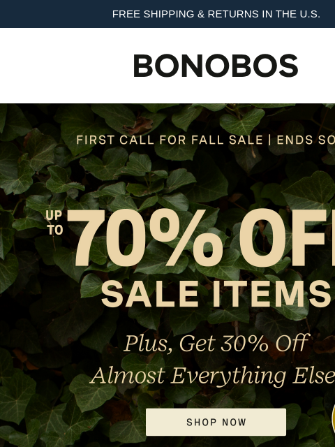 bonobos newsletter: Ends Soon: 30% Off Almost Everything | Up to 70% O...