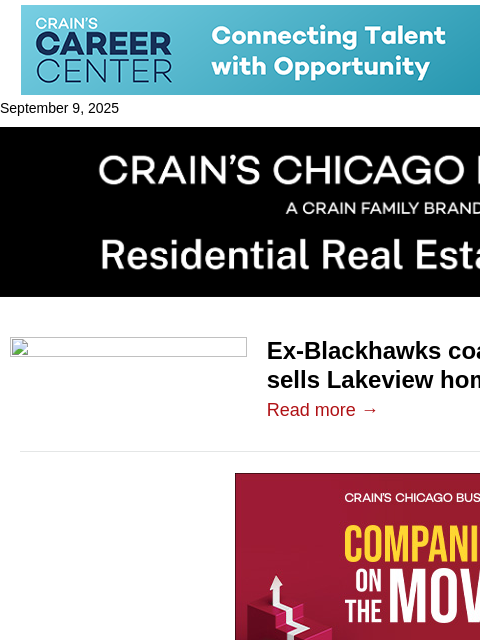 crainalerts newsletter: Ex-Blackhawks coach sells Lakeview home