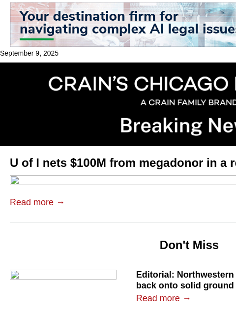 crainalerts newsletter: U of I scores record $100M athletics gift