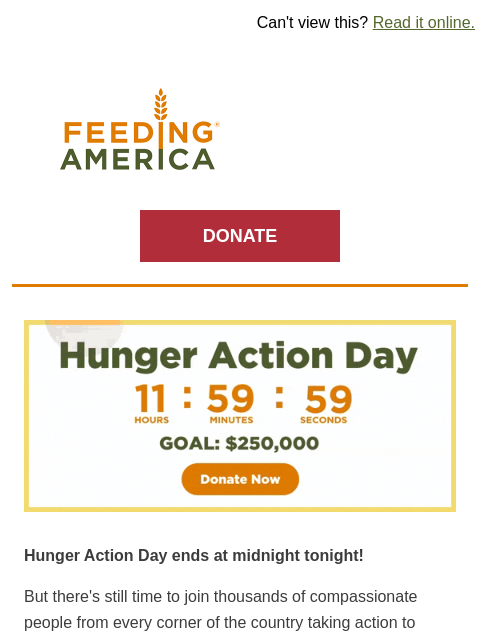feedingamerica newsletter: ⏲️ Tick-Tock: Hunger Action Day ends at midnight!