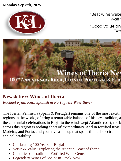 klwines newsletter: Icons from Spain & Portugal, 100 Years of Rioja, &...