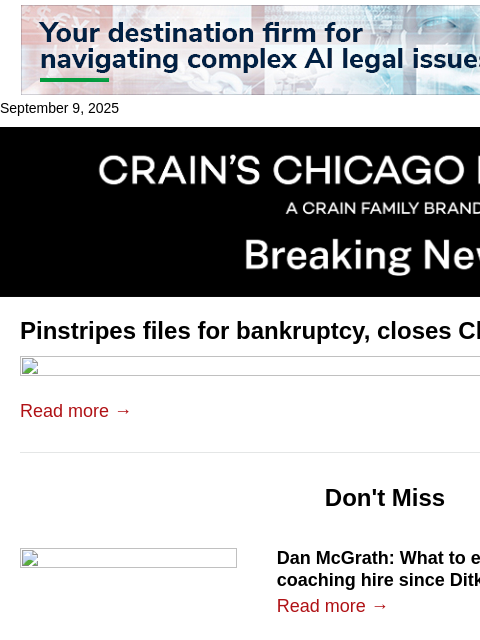 crainalerts newsletter: Pinstripes files for bankruptcy, closes Chicago lo...