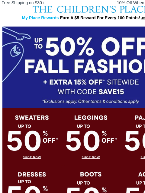 childrensplace newsletter: All The FALL Things ☕🍃 Up to 50% Off Sweaters/Act...