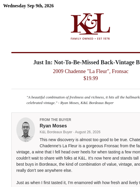 klwines newsletter: An Incredible Right Bank Bordeaux: $19.99