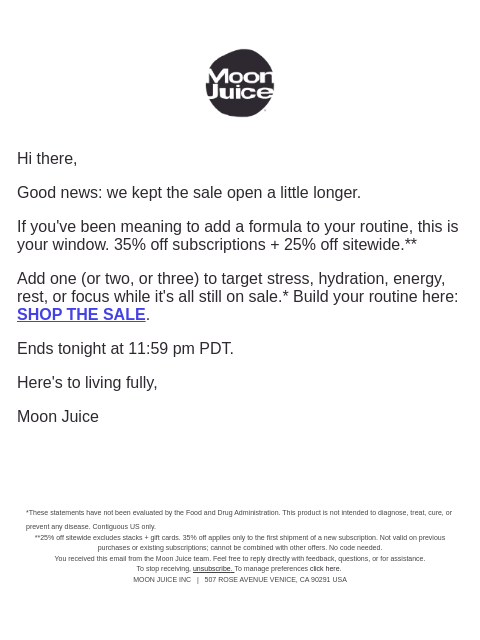 moonjuice newsletter: we extended it: up to 35% off