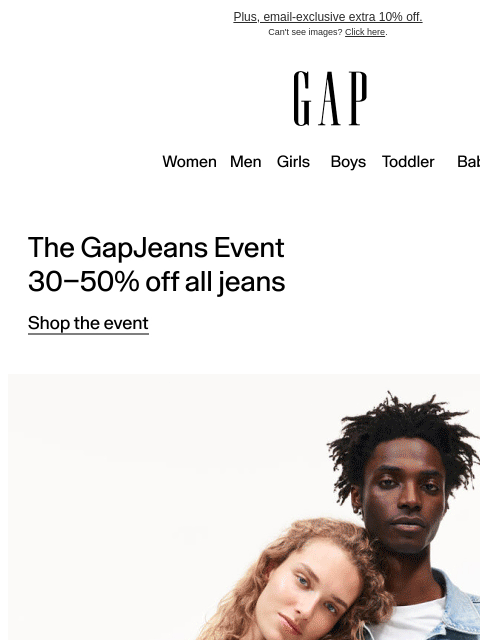 gap newsletter: Your invitation is here: up to 50% off all jeans
