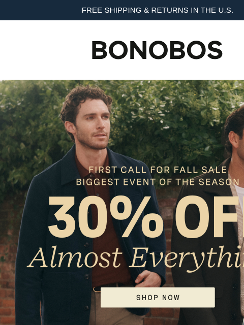 bonobos newsletter: ENDS TONIGHT: Take 30% Off Our Latest Fall Styles