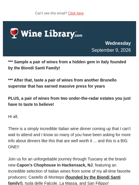 winelibrary newsletter: Massive Wine Dinner with ties to Biondi Santi and ...