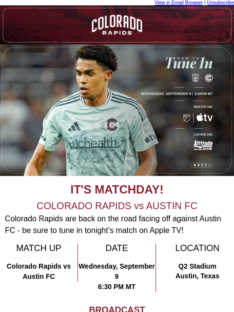 thecoloradorapids newsletter: How to Watch | Colorado Rapids @ Austin FC