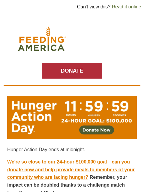 Right now, you can have 2x the impact. | Can't view this? Read it online. Feeding America. DONATE Orange background with white text that says Hunger Action Day next to a countdown clock counting