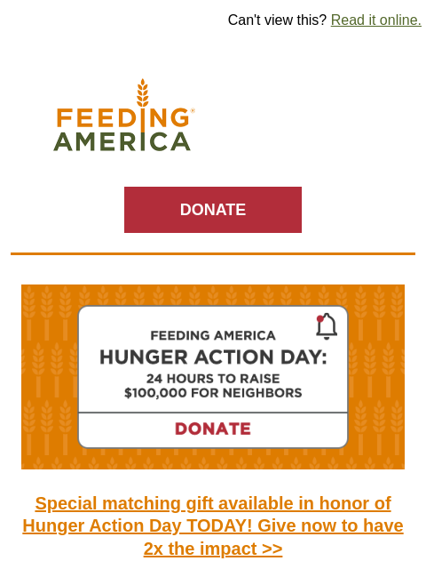 You can support your neighbors facing hunger today and beyond. | Can't view this? Read it online. Feeding America. DONATE Orange background with Feeding America wheat logo behind a white square