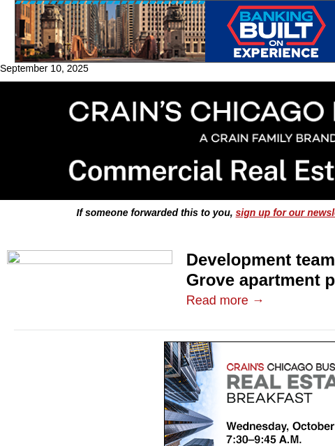 crainalerts newsletter: Downers Grove apartments project kicks off