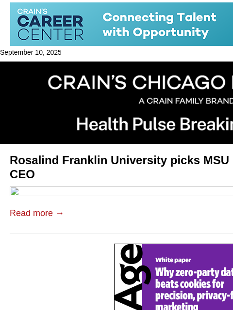 crainalerts newsletter: Rosalind Franklin University names new CEO