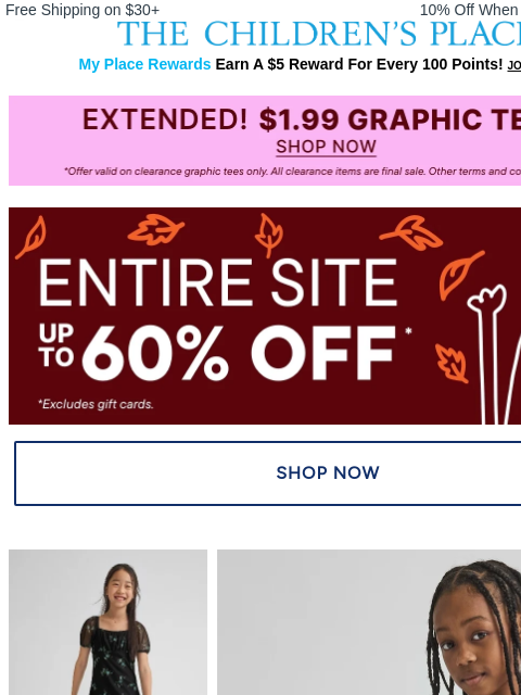 childrensplace newsletter: You Asked—We Extended! $1.99 Tees 🎉