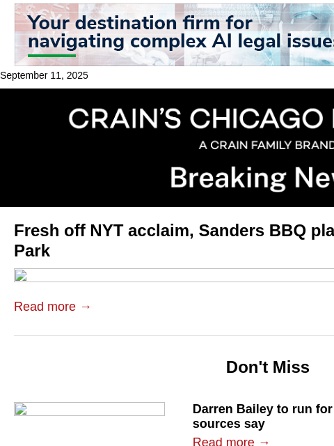 crainalerts newsletter: Sanders BBQ plans Hyde Park restaurant