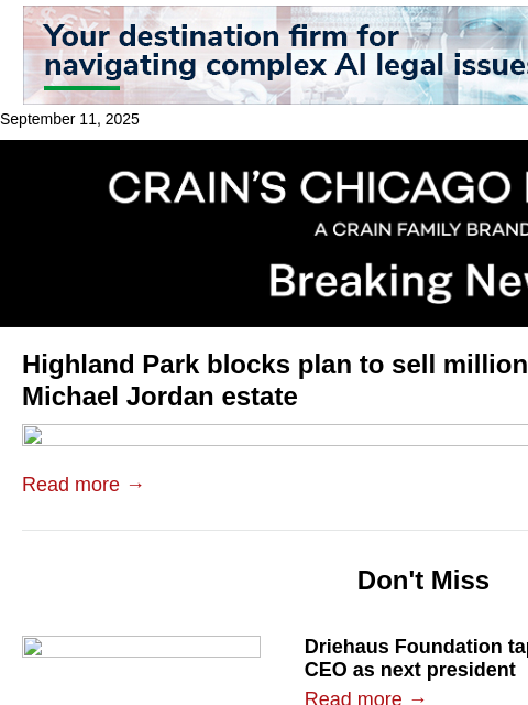 crainalerts newsletter: Highland Park blocks plan for ex-Jordan estate