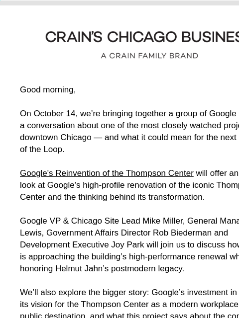 crainliveevents newsletter: Inside the Thompson Center: Google’s bet on Chicag...