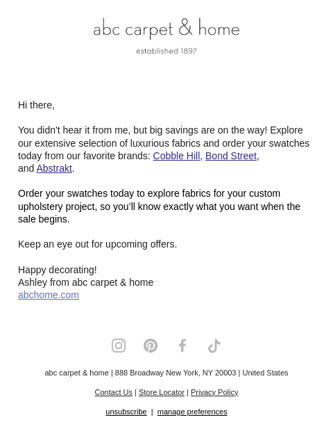 abchome newsletter: Order Furniture Swatches and Save!