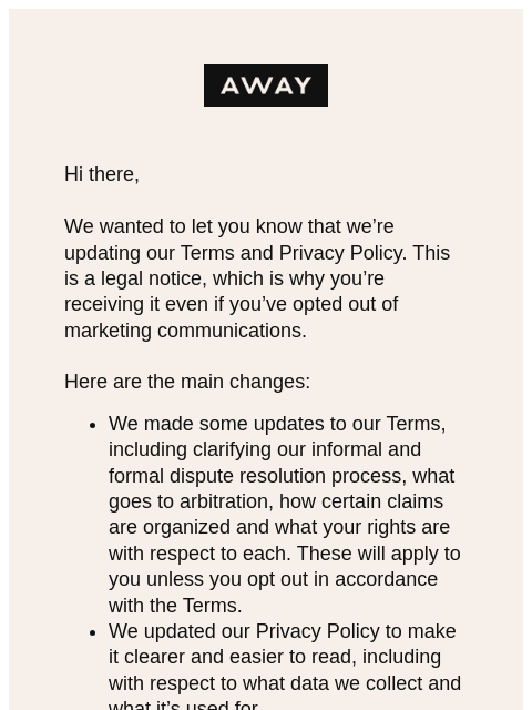 awaytravel newsletter: We’ve updated our privacy policy and terms