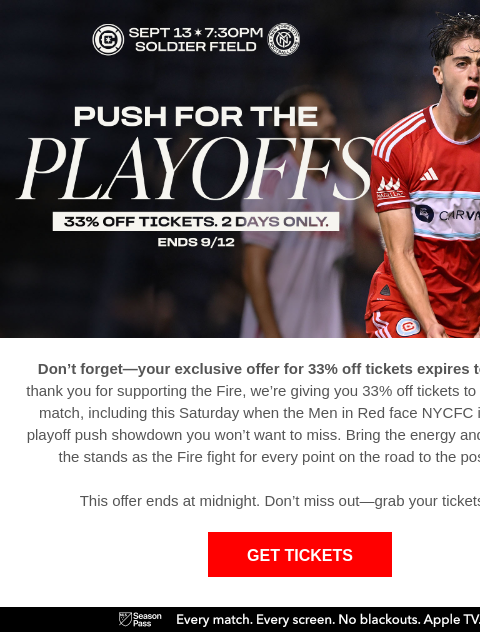 chicagofirefc newsletter: Clock’s Ticking—33% off Fire Tickets Ends Tonight!