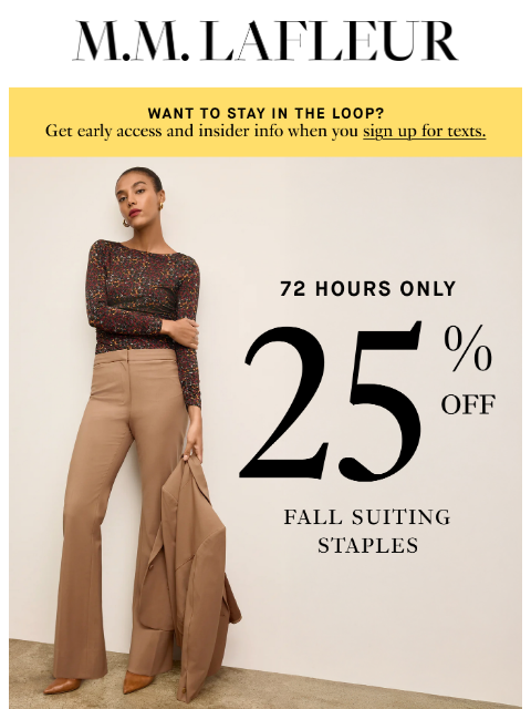 mmlafleur newsletter: 72 HRS: 25% Off Your Fall Uniform