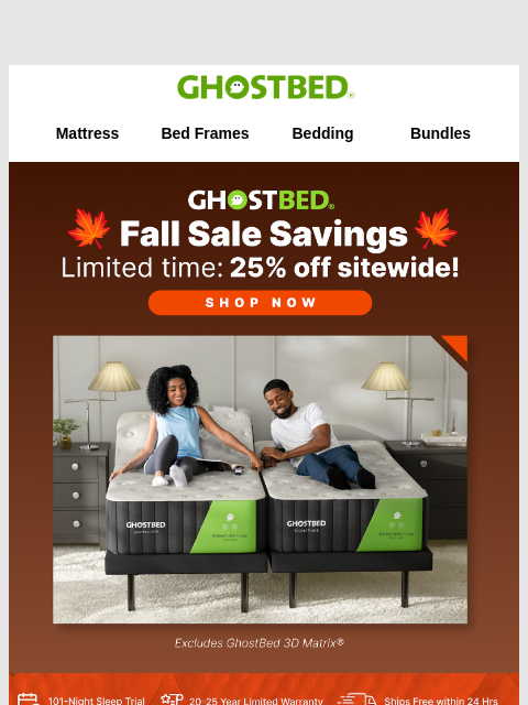 ghostbed newsletter: Fall 🍁 into Savings - 25% off!