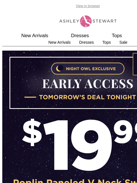 ashleystewart newsletter: 🦉Night Owl — $19.99 Poplin V Neck Sweater