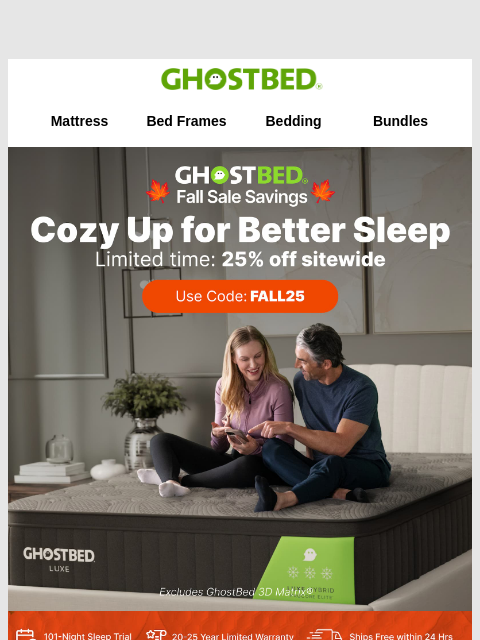 ghostbed newsletter: Cozy Up 🍂 25% off everything!