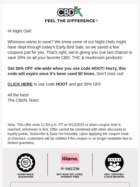 cbdfx newsletter: 🦉 Night Owl Sale: First 50 customers get 30% OFF!