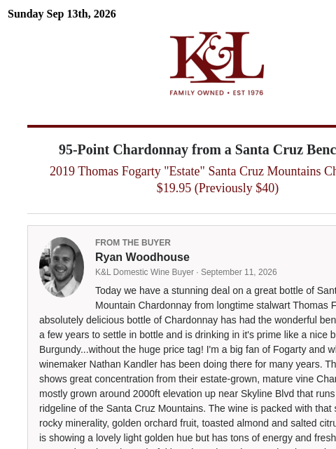 klwines newsletter: Fogarty Estate Chardonnay: Half Price!