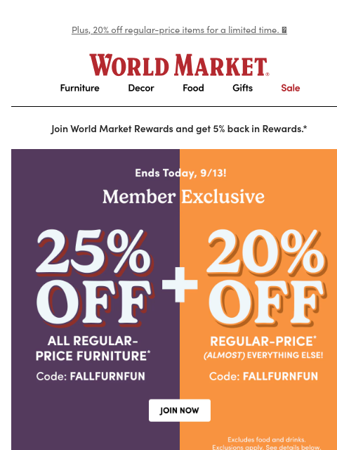 emailworldmarket newsletter: 🚨25% off furniture—LAST CHANCE