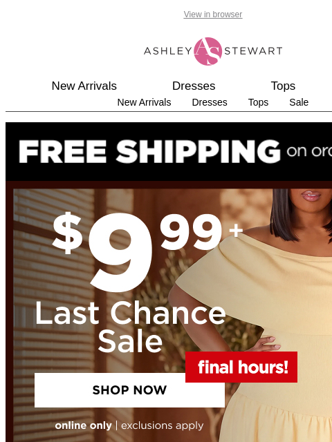 ashleystewart newsletter: ⚠️FINAL HOURS⚠️$9.99+ hundreds of last chance sale