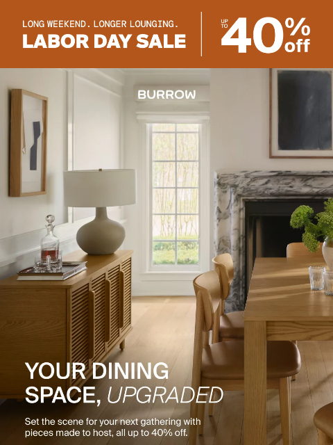 burrow newsletter: Pieces made to host, up to 40% off