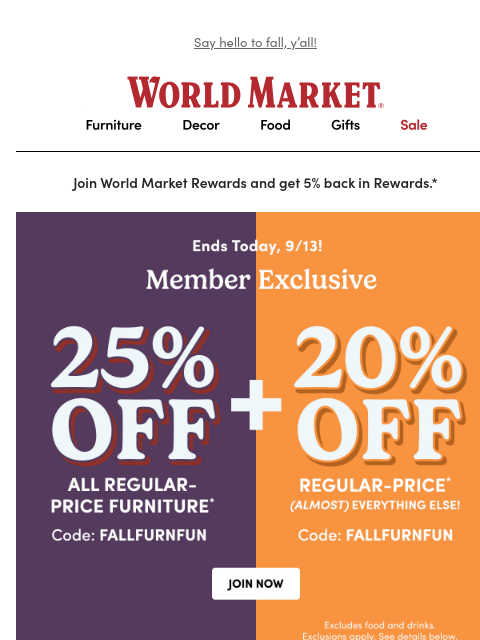 emailworldmarket newsletter: ⏳ LAST DAY for 25% off furniture + 20% off everyth...
