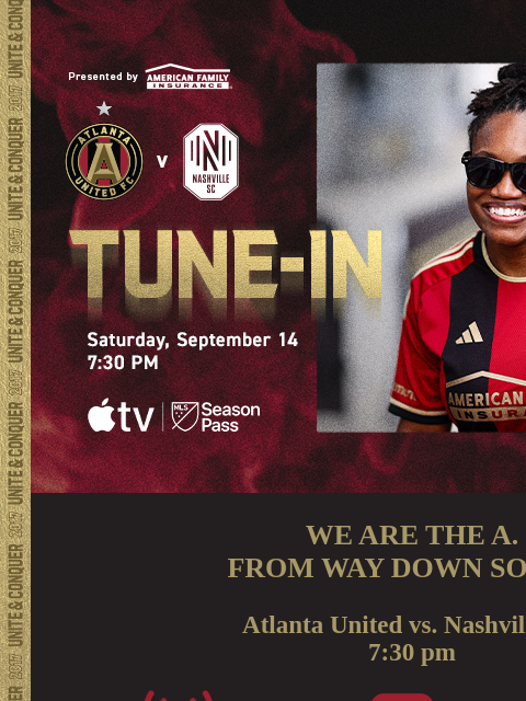 How to tune-in at 7:30pm... ﻿͏ ﻿͏ ﻿͏ ﻿͏ ﻿͏ ﻿͏ ﻿͏ ﻿͏ ﻿͏ ﻿͏ ﻿͏ ﻿͏ ﻿͏ ﻿͏ ﻿͏ ﻿͏ WE ARE THE A. FROM WAY DOWN SOUTH. Atlanta United vs. Nashville SC 7:30 pm LISTEN: 92.9 The Game(ENG) La Mejor(SPA) WATCH: