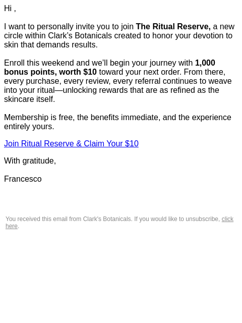 clarksbotanicals newsletter: I’d like to start you with a $10 reward