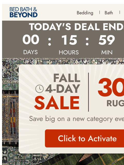 bedbathandbeyond newsletter: 30% off rugs–today only! 🤩