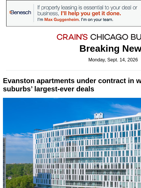 crainalerts newsletter: One of suburbs' biggest-ever apartment deals