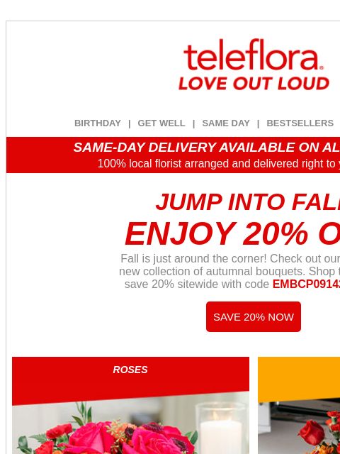teleflora newsletter: 20% Off 🍁Jump Into Fall