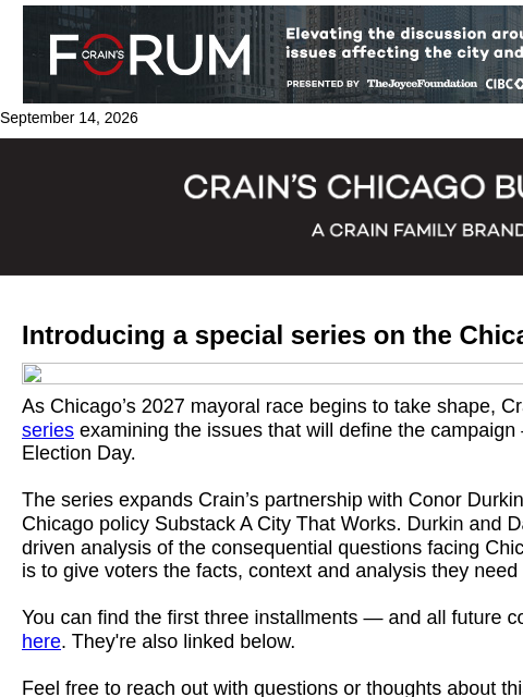 crainalerts newsletter: The issues shaping the mayoral race