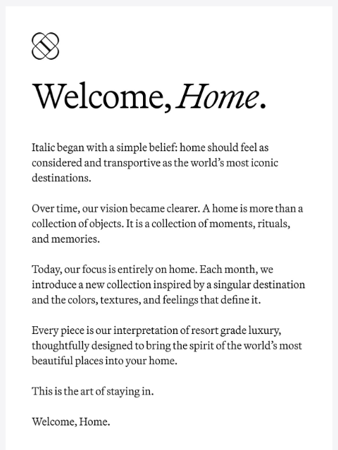 italic newsletter: Welcome, Home.