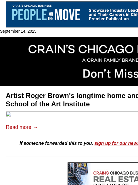 crainalerts newsletter: Artist's longtime home, studio for sale