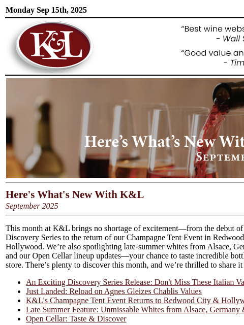 klwines newsletter: What’s New at K&L: Champagne Tent Event, Italian D...