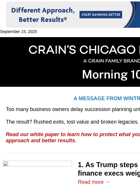 crainalerts newsletter: Chicago finance execs back Powell