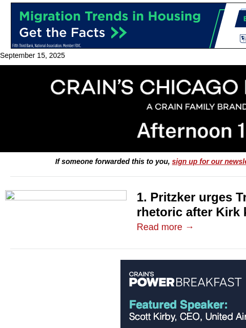 crainalerts newsletter: Pritzker urges Trump to tone down rhetoric