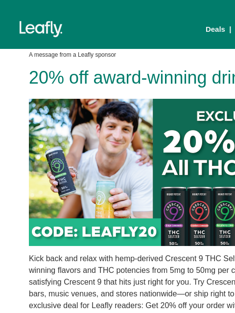 leafly newsletter: 20% off 5-50mg drinks 🌙