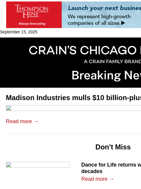 crainalerts newsletter: Madison Industries eyes $10B sale for filter busin...